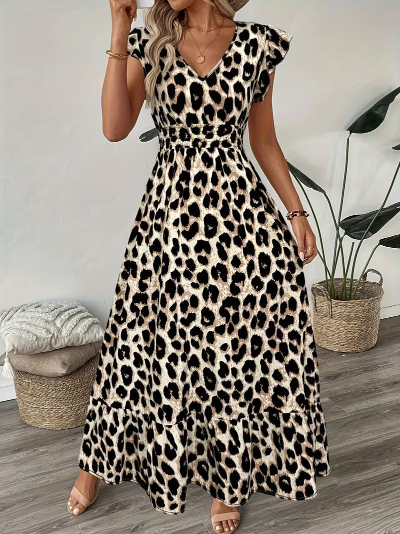 Women's V-Neck Floral Print A-Line Midi Dress – High Waist Sleeveless