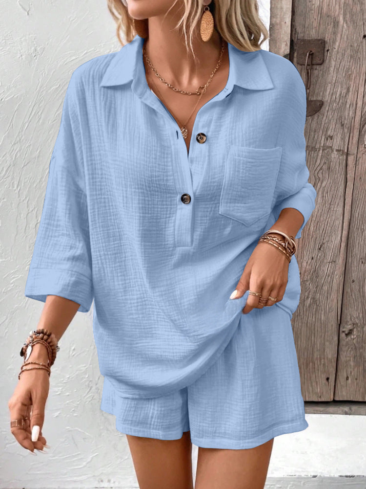 Women's Lapel Collar Double-Panel Shirt & Shorts Two-Piece Set
