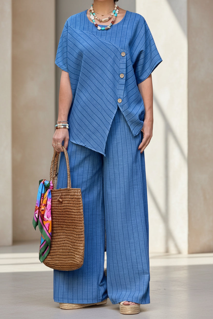Striped Shirt & Loose Pants Set – Three-Quarter Sleeve Two-Piece