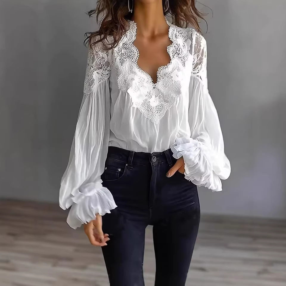 Lace-Panel Puff Sleeve Pleated Ruffle Shirt | Ballet Style