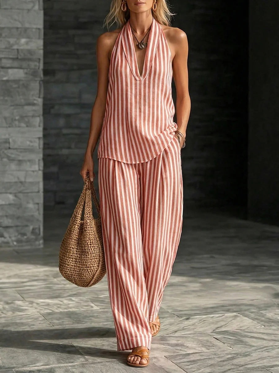 Women's Striped Sleeveless Top & Wide-Leg Pants Set – Fashionable 2-Piece