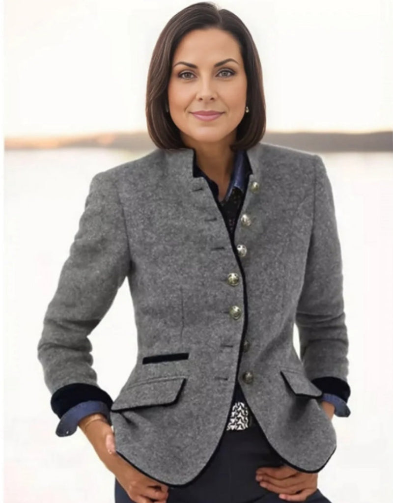 Women’s Color-Block Woolen Jacket – Multi-Button Casual Elegant Coat