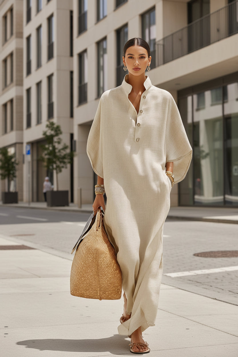 Women’s Stand Collar Button-Down Loose Straight Long Dress