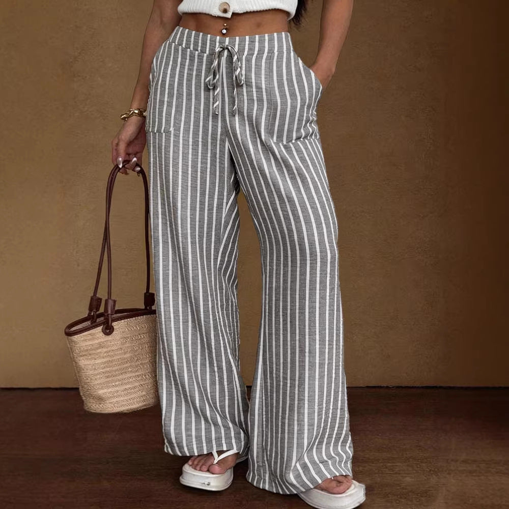 Women's Striped Wide-Leg Trousers – Lace-Up Elastic Waist Loose Fit