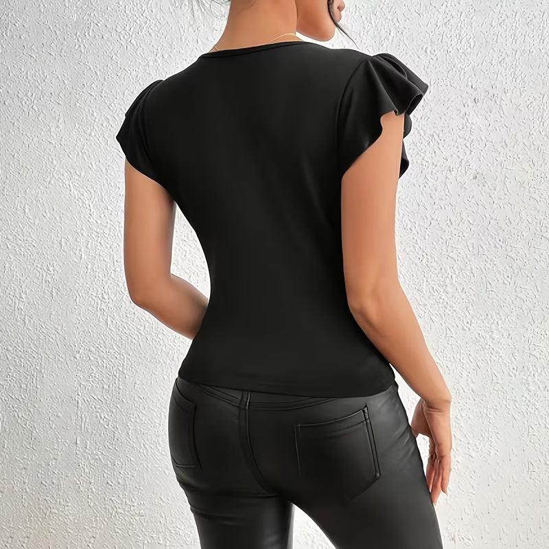 Women’s Summer Ruffle Mesh Panel Top – Short Sleeve Slim Fit Casual Tee Blouse