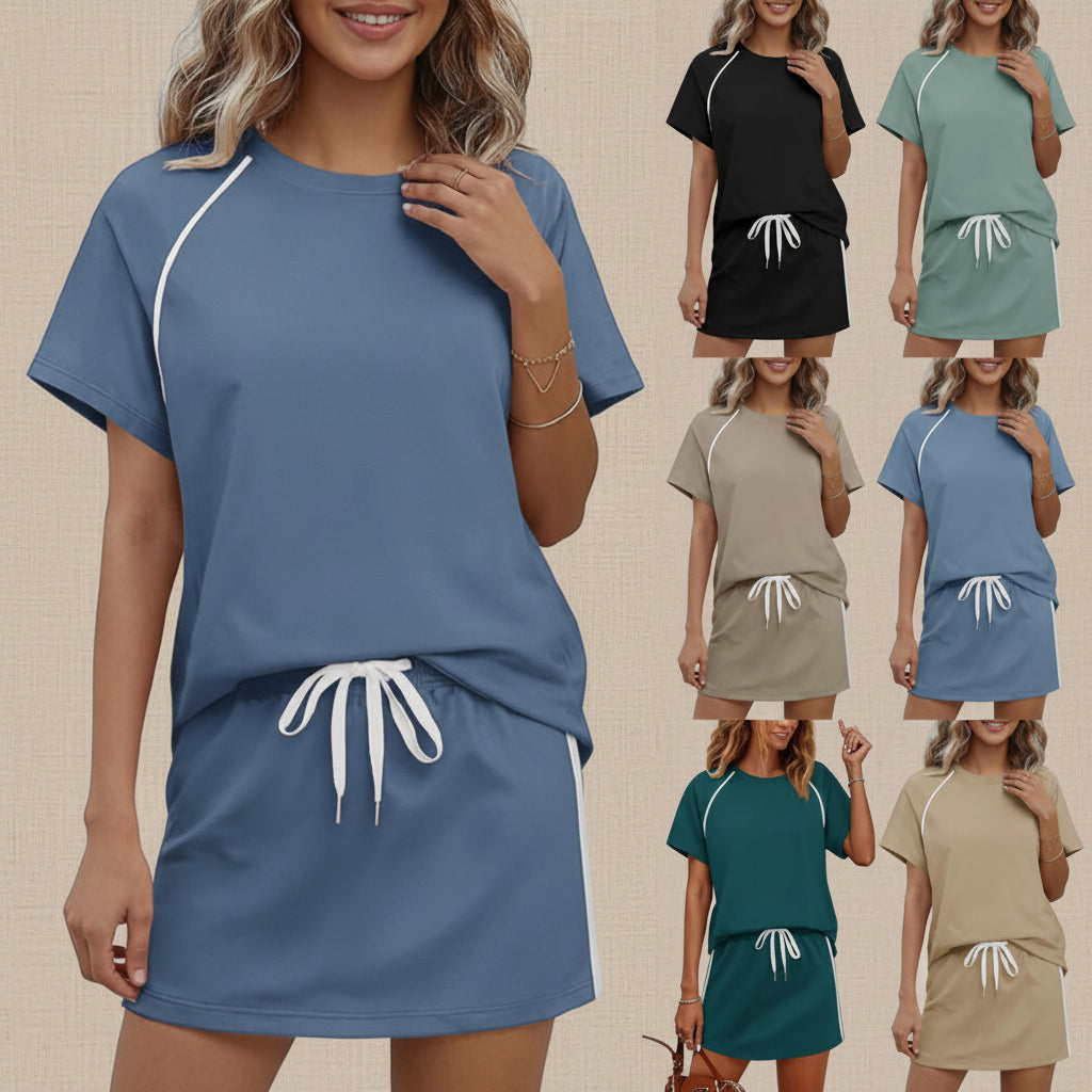 Women's Drawstring Short-Sleeve Top & Mini Skirt Set