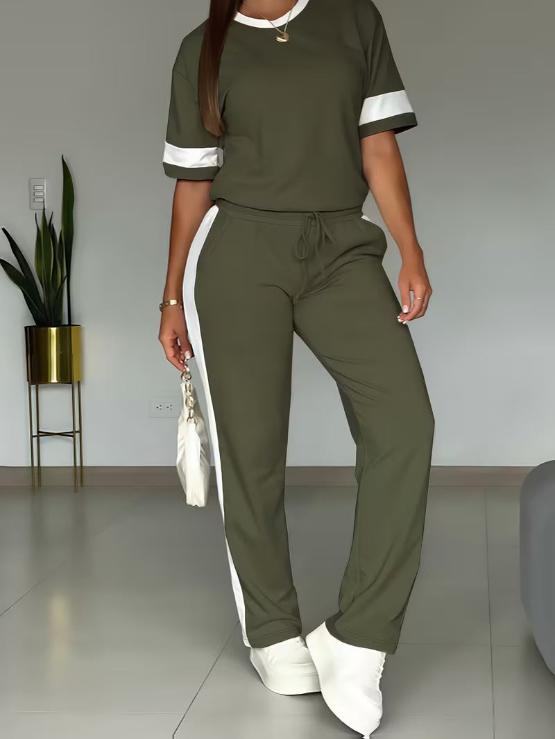 Women's Color-Block Contrast 2-Piece Outfit – Top & Pants Set