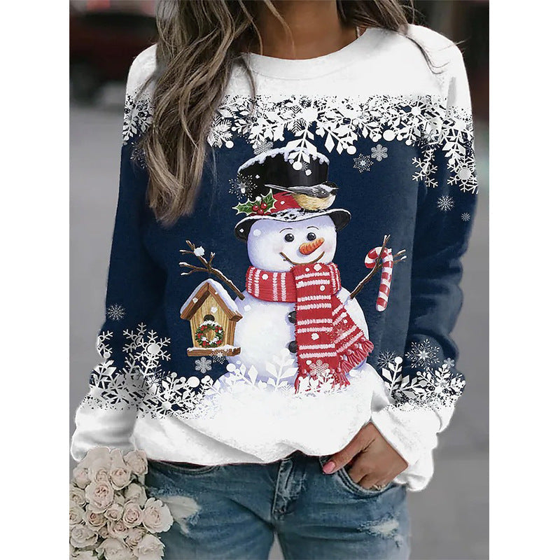 Snowman Printed Panel Loose Sweater – Casual Holiday Knit for Women