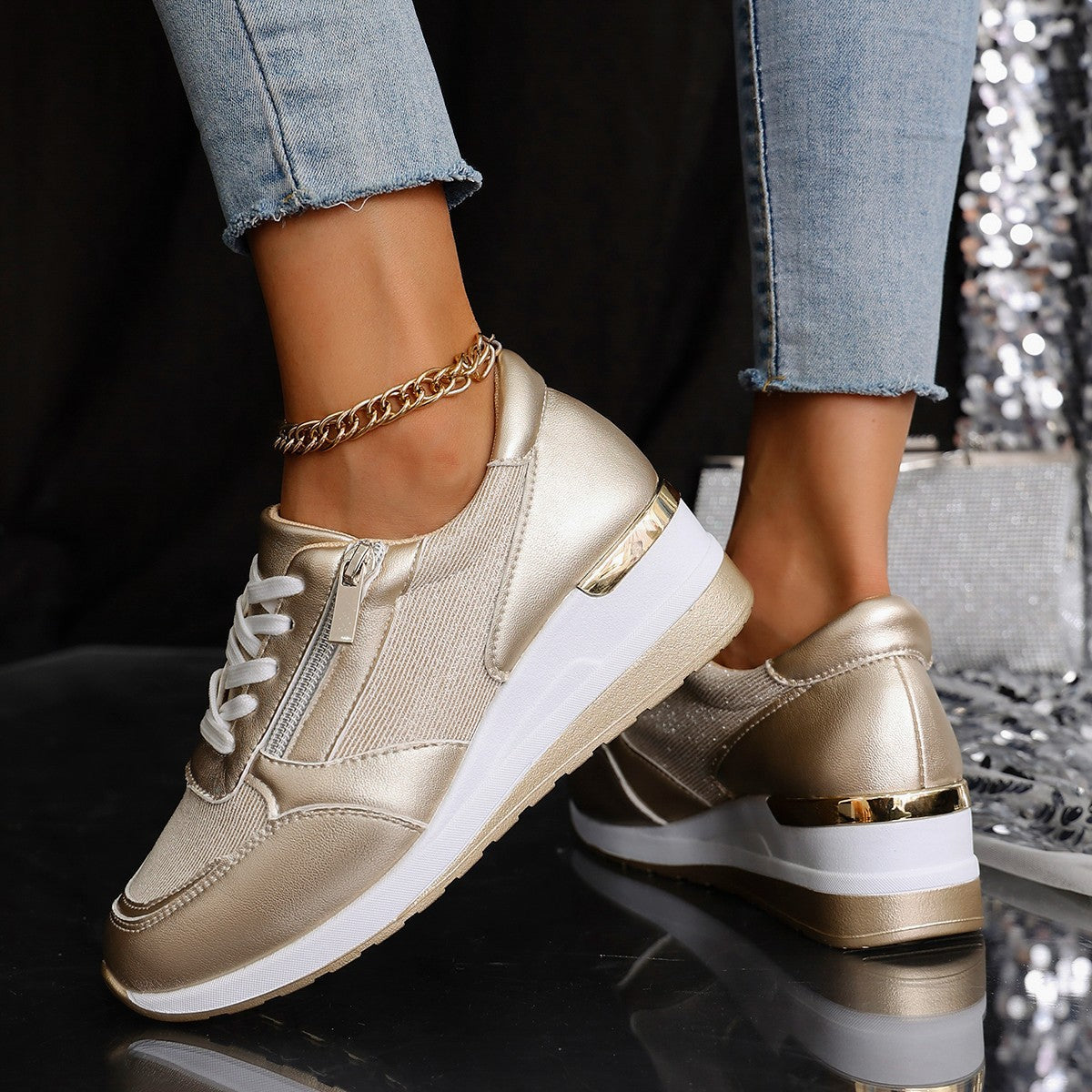 Metallic Lace-Up Side Zipper Thick-Sole Sneakers – 3 Colors EU 37–44