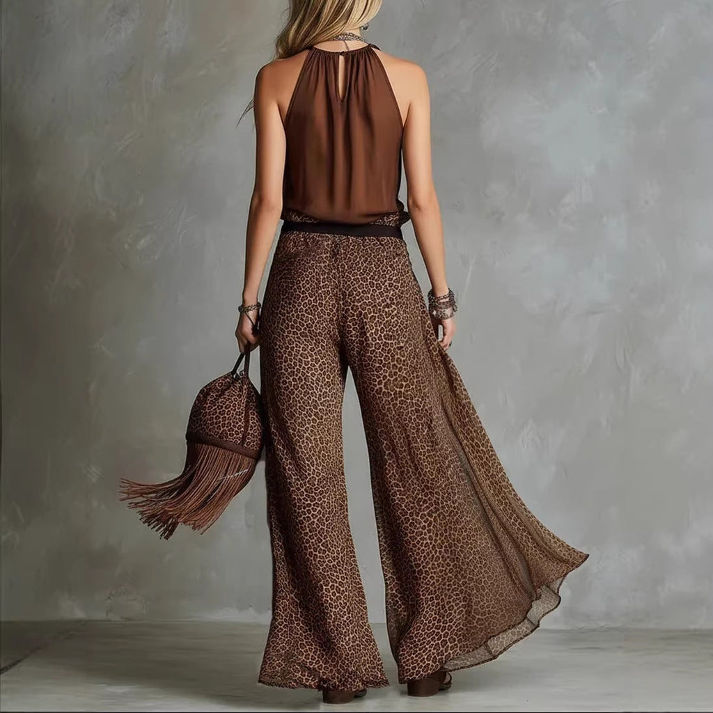 Leopard Print Sheer Wide-Leg Pants & Sleeveless Tank Top Set
