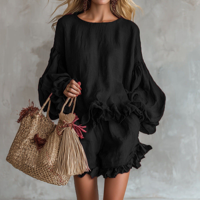 Women's Lantern Sleeve Top & Shorts Two-Piece Set – Loose Fit