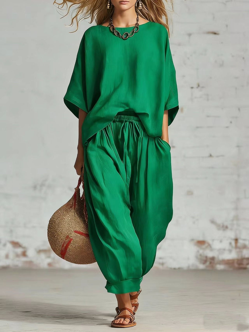 Women's Solid Color Loose Casual Set – T-Shirt & Ankle Pants