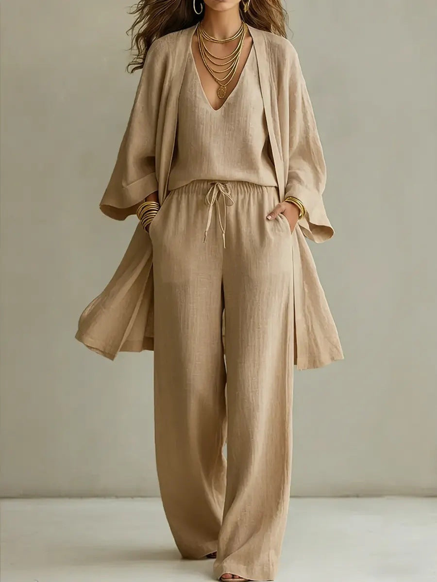 Women's V-Neck Cardigan Coat, Pocket Vest & Long Pants Three-Piece Set