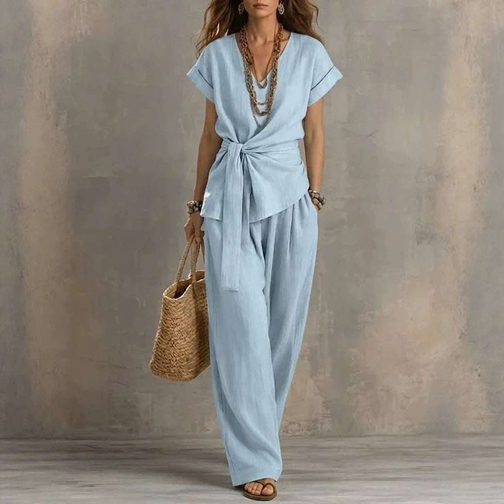 Women's V-Neck Short-Sleeve Top & Pants Two-Piece Set