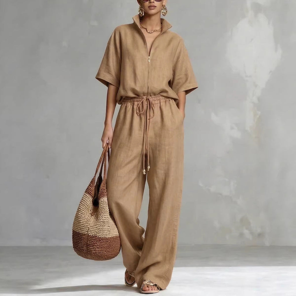 Women's Zip-Up Crew-Neck Top & Wide-Leg Pants Set