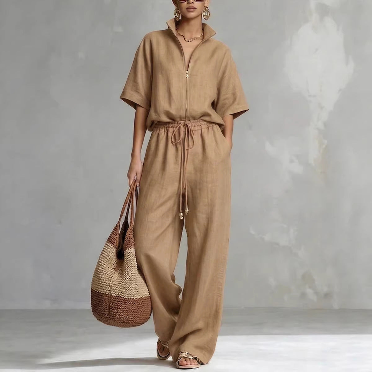 Women's Zip-Up Crew-Neck Top & Wide-Leg Pants Set