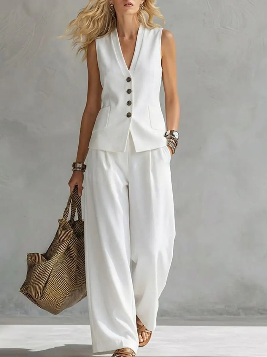Women's Solid Linen Sleeveless Tank Top & Full-Length Pants Set