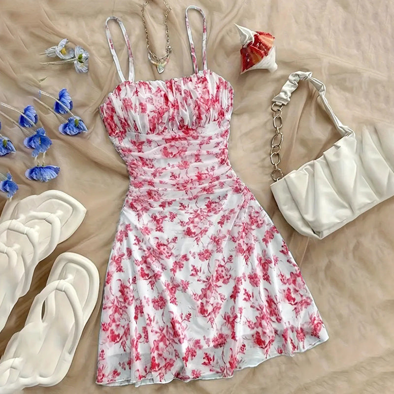 Boho Floral Spaghetti Strap Mini Dress – Ruched Ruffle Hem Vacation Sundress