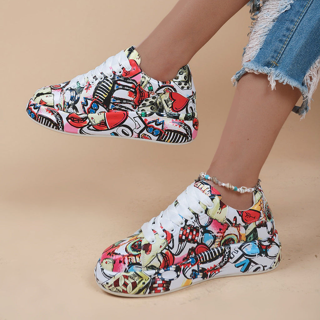 Round-Toe Thick-Sole Lace-Up Sneakers — Women’s Casual Print Shoes