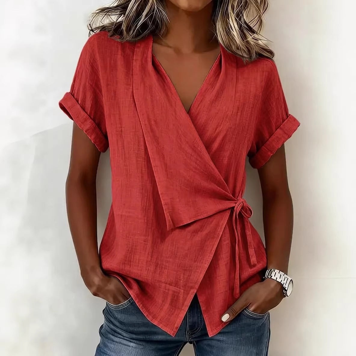 Women's Casual Lapel Collar Lace-Up Short-Sleeve Linen Top