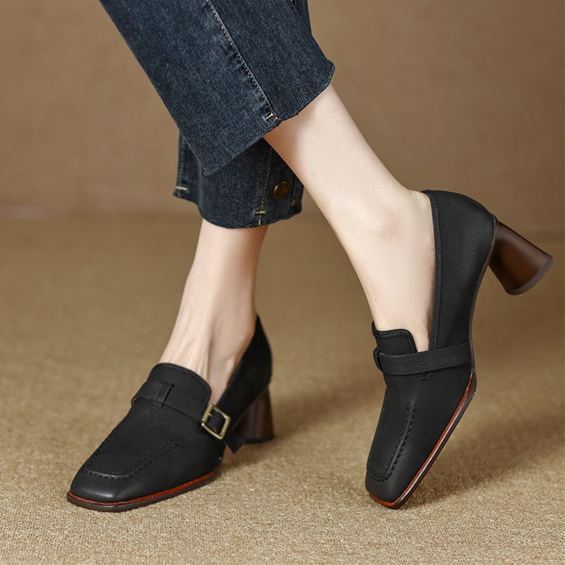 Women's Retro British Style Chunky Heel Leather Shoes – Round Toe Commuter