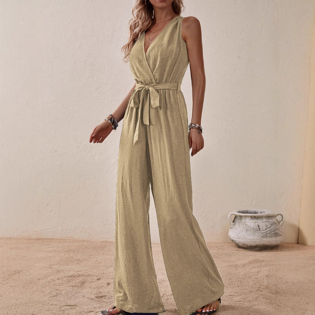 Women's Strap High-Waist Sleeveless Jumpsuit – Ice Silk Casual Wide-Leg