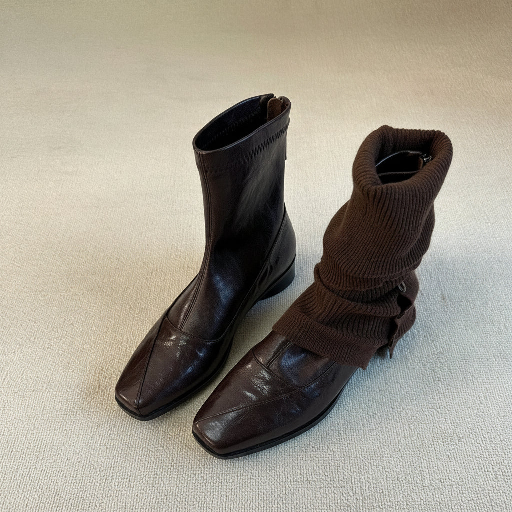 Women's French Retro Genuine Leather Square Toe Block Heel Ankle Boots