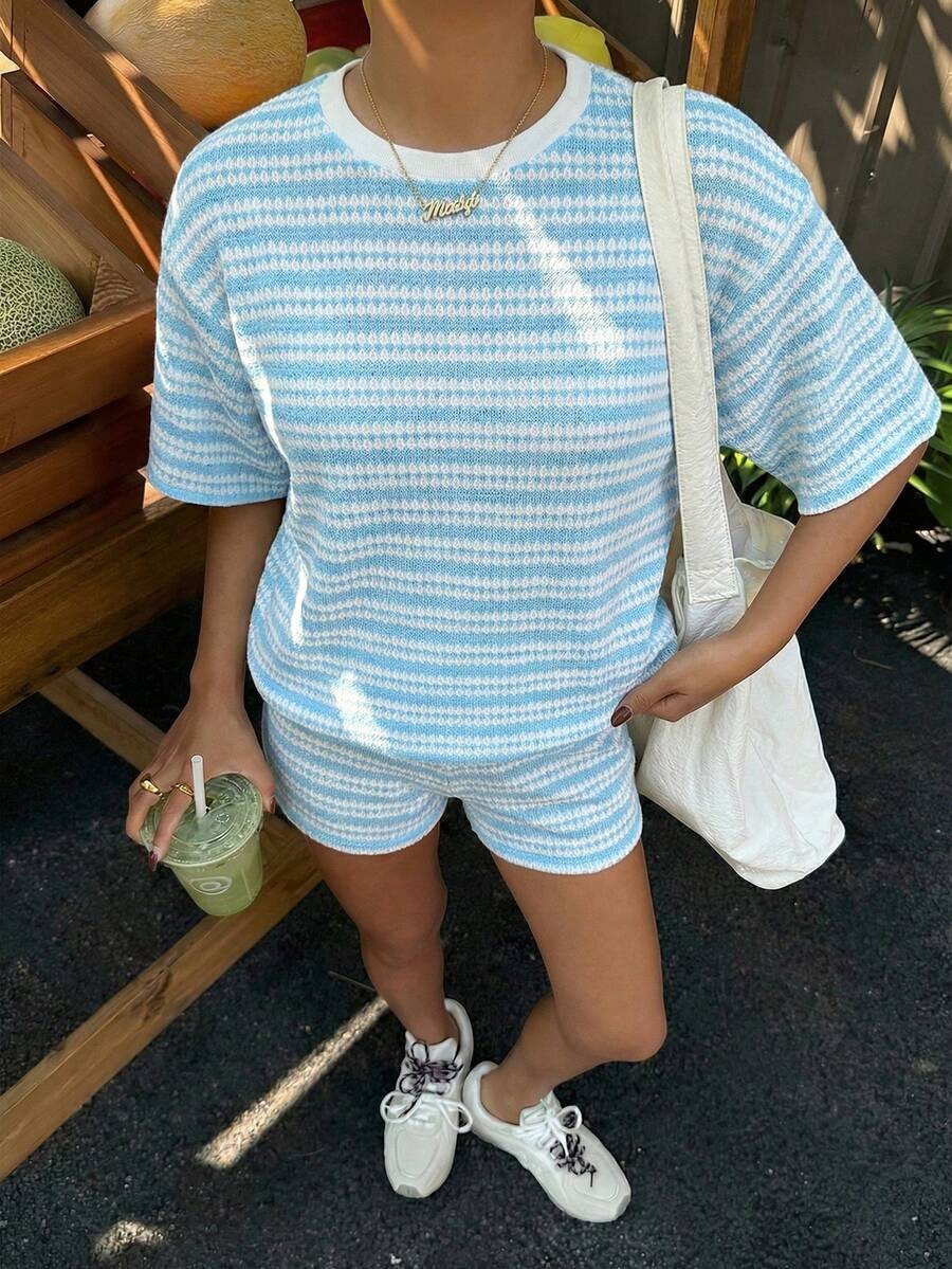 Women's Crew-Neck Spliced Short-Sleeve T-Shirt & Shorts Set