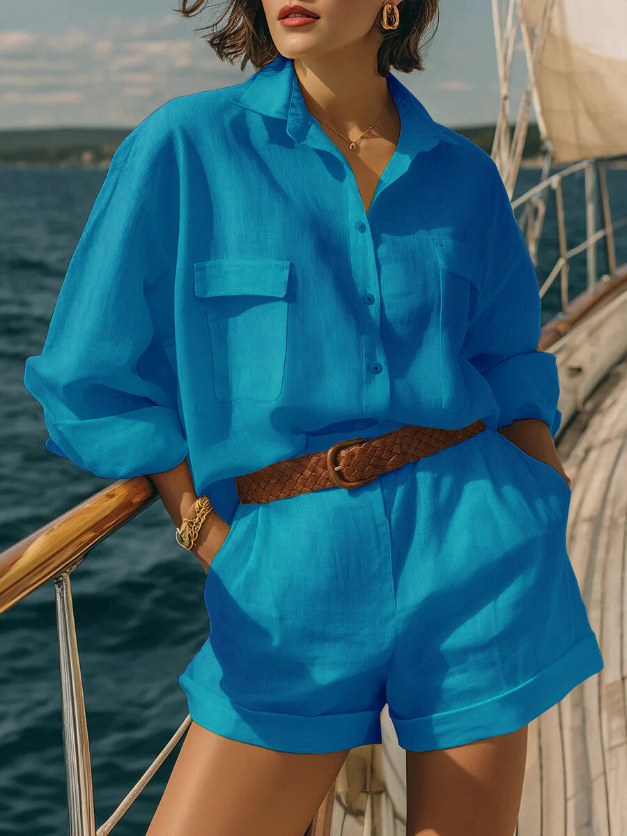 Cotton-Linen Loose-Fit Button-Down Shirt and Shorts Casual Set