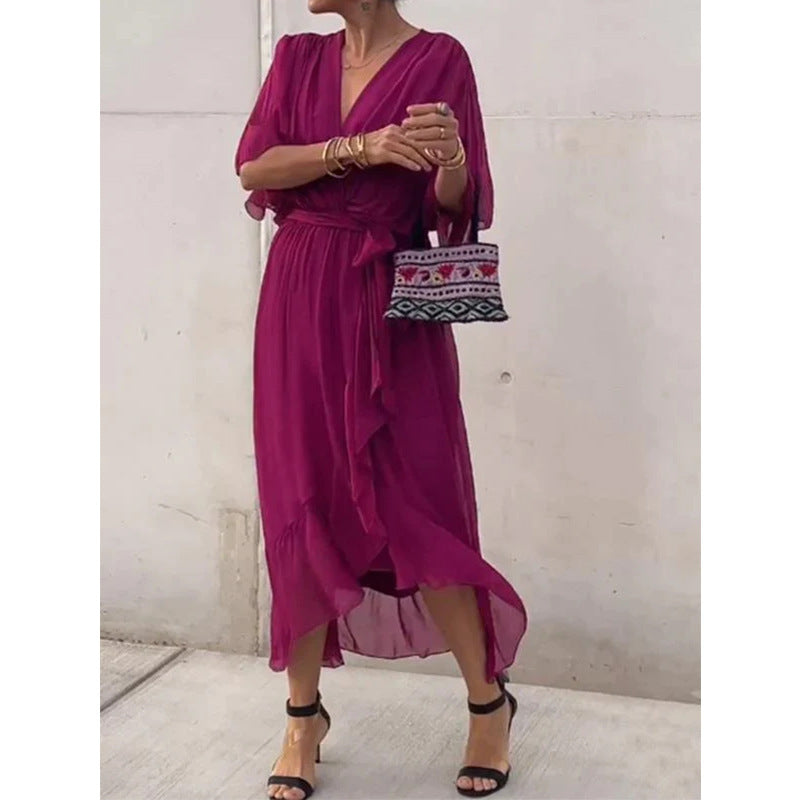 Batwing Sleeve V-Neck Midi Dress – Tied Irregular Hem Fairy Dress