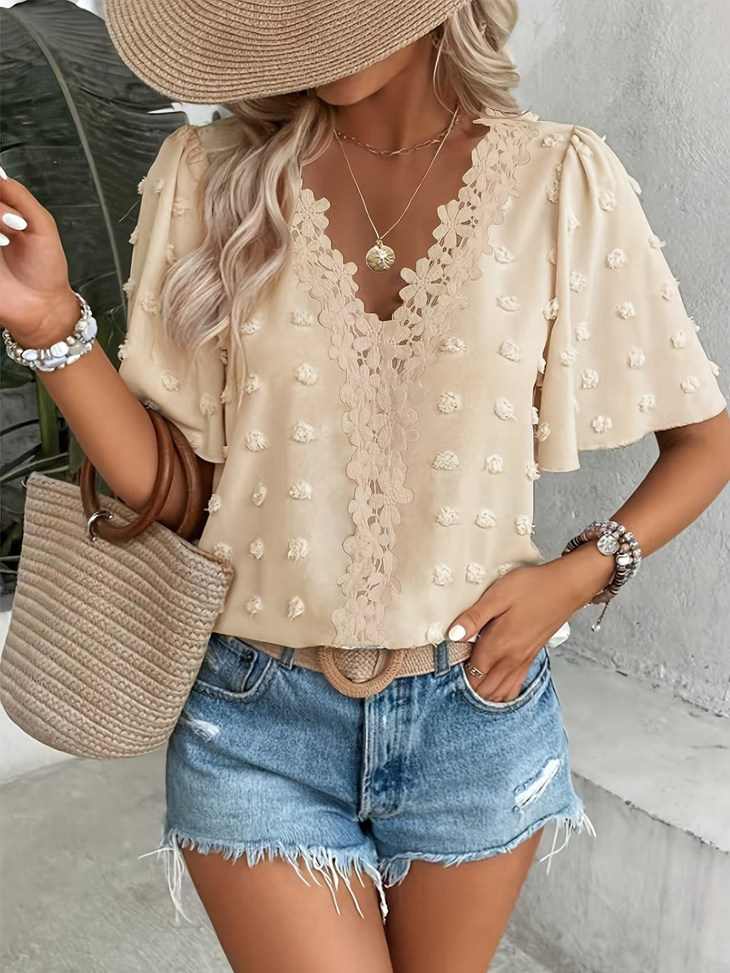 Women's V-Neck Lace-Trim Swiss Dot Short-Sleeve Top – Casual Loose Fit