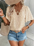 Women's V-Neck Lace-Trim Swiss Dot Short-Sleeve Top – Casual Loose Fit