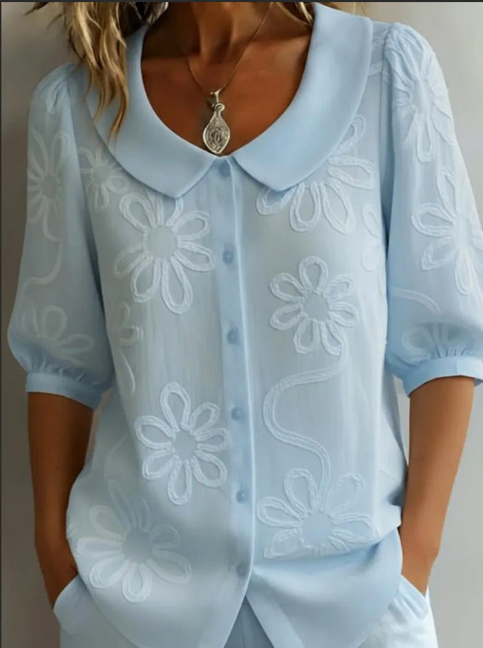 Women's Loose-Fit Retro 3D Embroidered Floral Shirt – Buttoned Casual Top