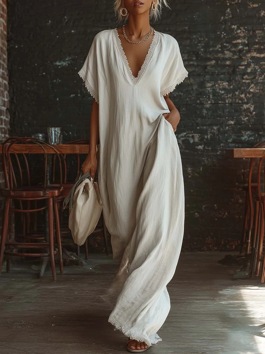 Lace-Trimmed Loose Long Dress for Women