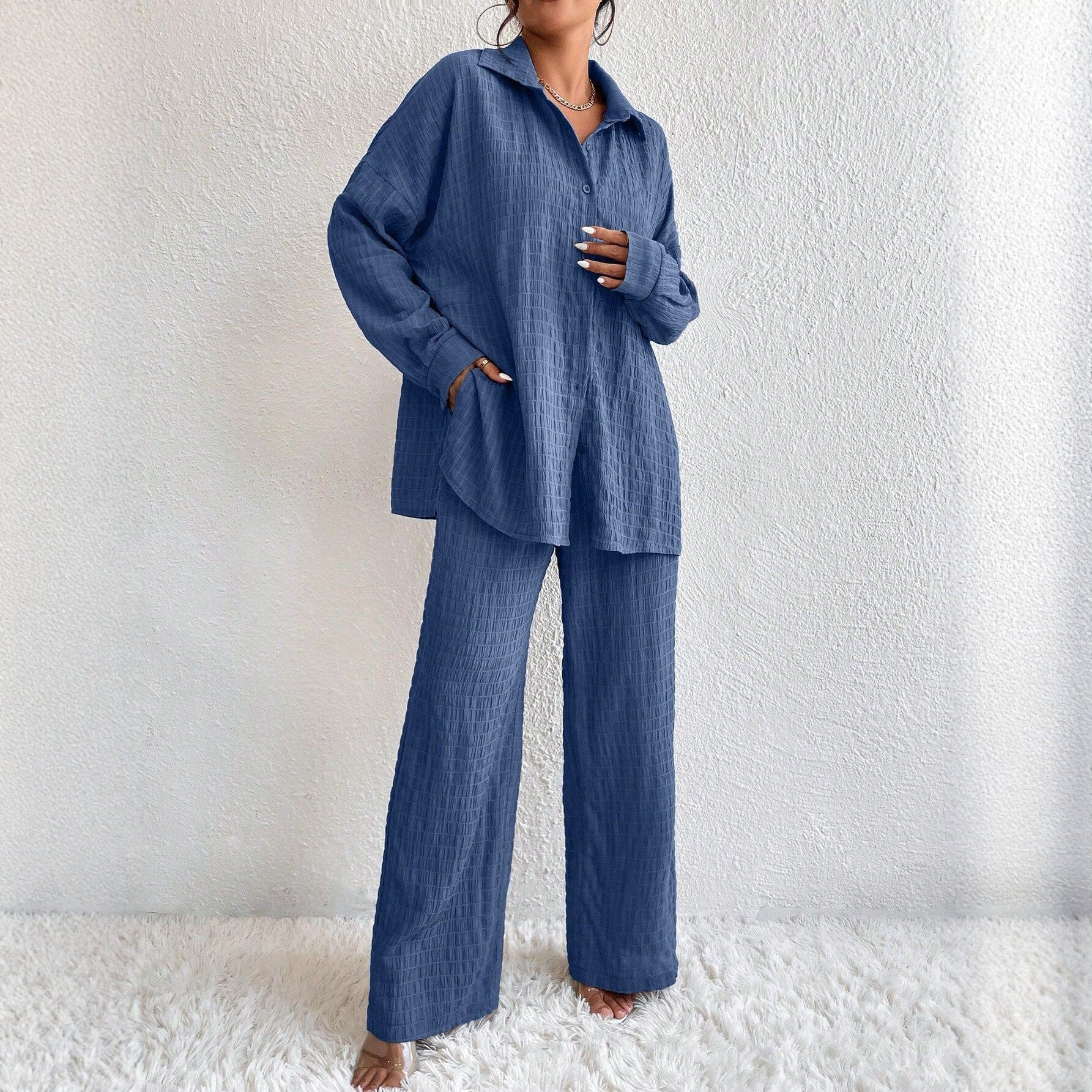 Women's Pleated Long Sleeve Lapel Two-Piece Set – Loose Top & Pants
