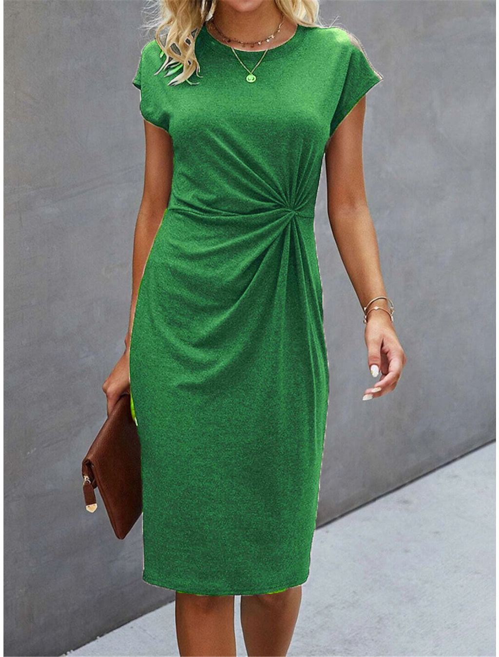 Front Knot Bodycon Midi Dress – Round Neck Sleeveless Tie Dress