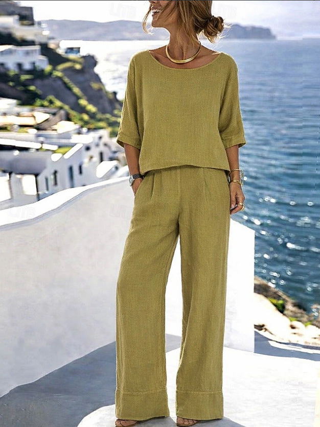 Women's Resort Set – Short Sleeve Top & Wide-Leg Pants