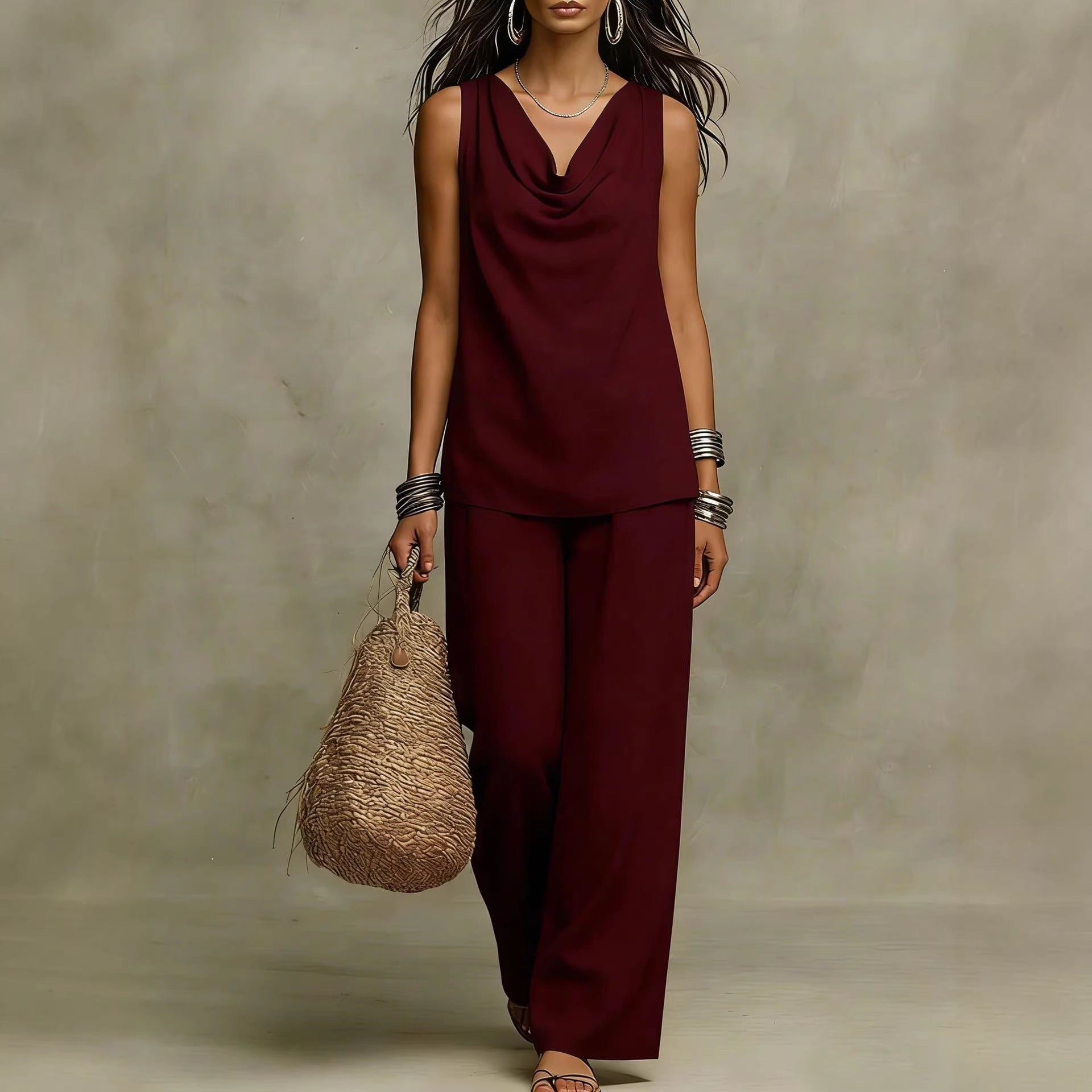 Women's Slash-Neck Sleeveless Tank Top & Casual Pants Set