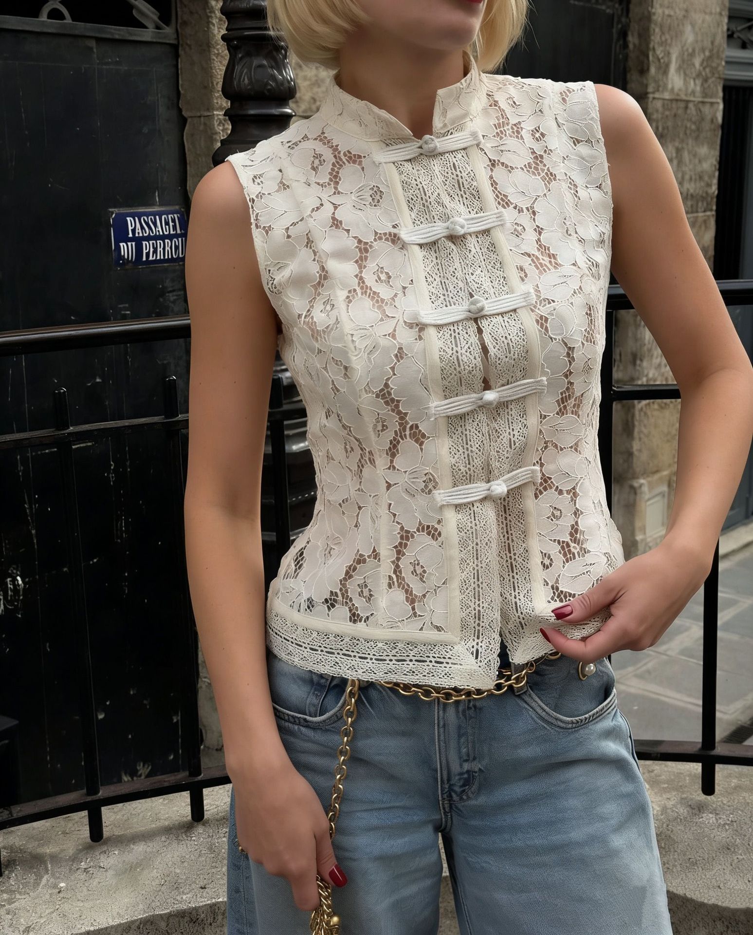Lace Crochet Stand Collar Slim-Fit Sleeveless Top – 3 Colors, S–L
