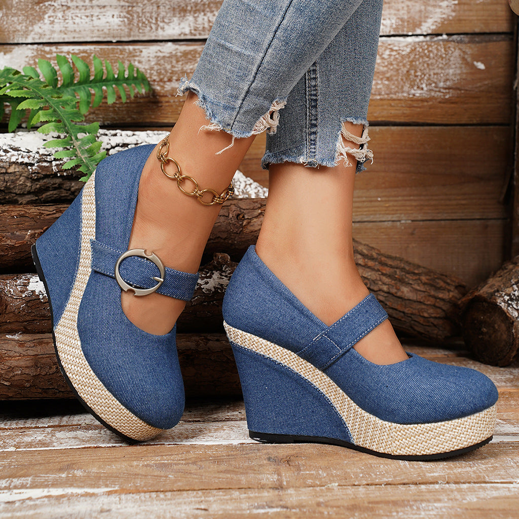 Women's Platform Wedge Pumps | Round-Toe Buckle Waterproof Thick Sole Shoes in Black & Blue | EU 36–43