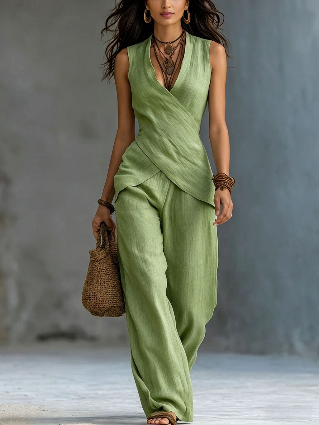 Women's V-Neck Crossover Tank Top & Casual Trousers Two-Piece Set