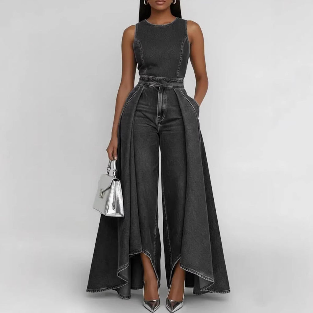 Women’s Crew Neck Sleeveless Wide-Leg Denim Jumpsuit