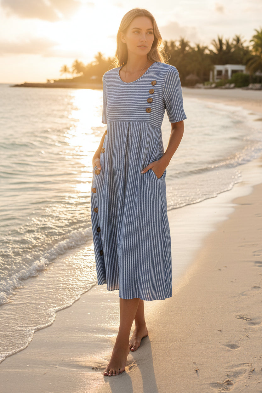 Button-Down Swing Maxi Dress – Short Sleeve Pocket Pullover Long Dress