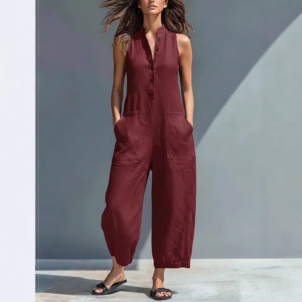 Casual Women’s Buttoned Stand Collar Sleeveless Loose Jumpsuit