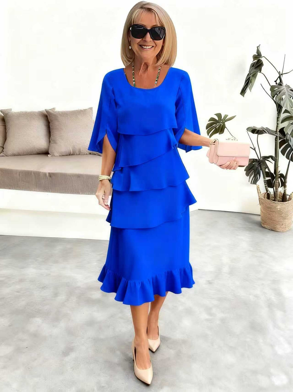 Patchwork Cake Midi Dress – Round Neck Short Sleeve Tiered Skirt