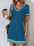Women's Contrast-Color V-Neck A-Line Dress – Short Sleeve, Elegant, Mid-Rise