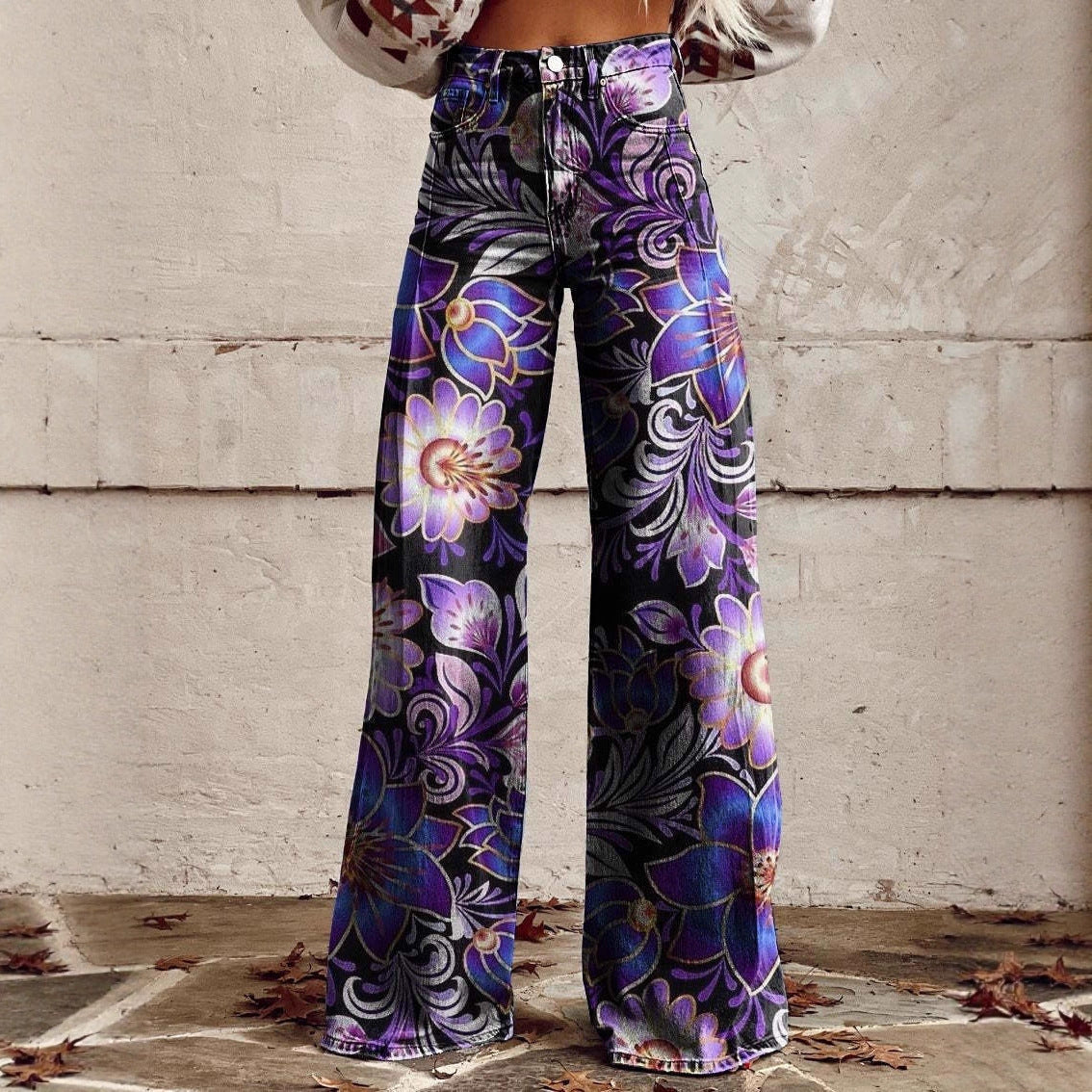 Women's Printed Flare Pants – Mid-Waist Full Length Plus Size