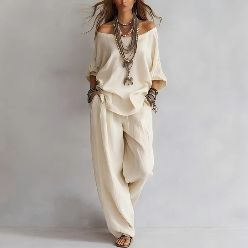 Women's Off-Shoulder Top & Wide-Leg Pants Set