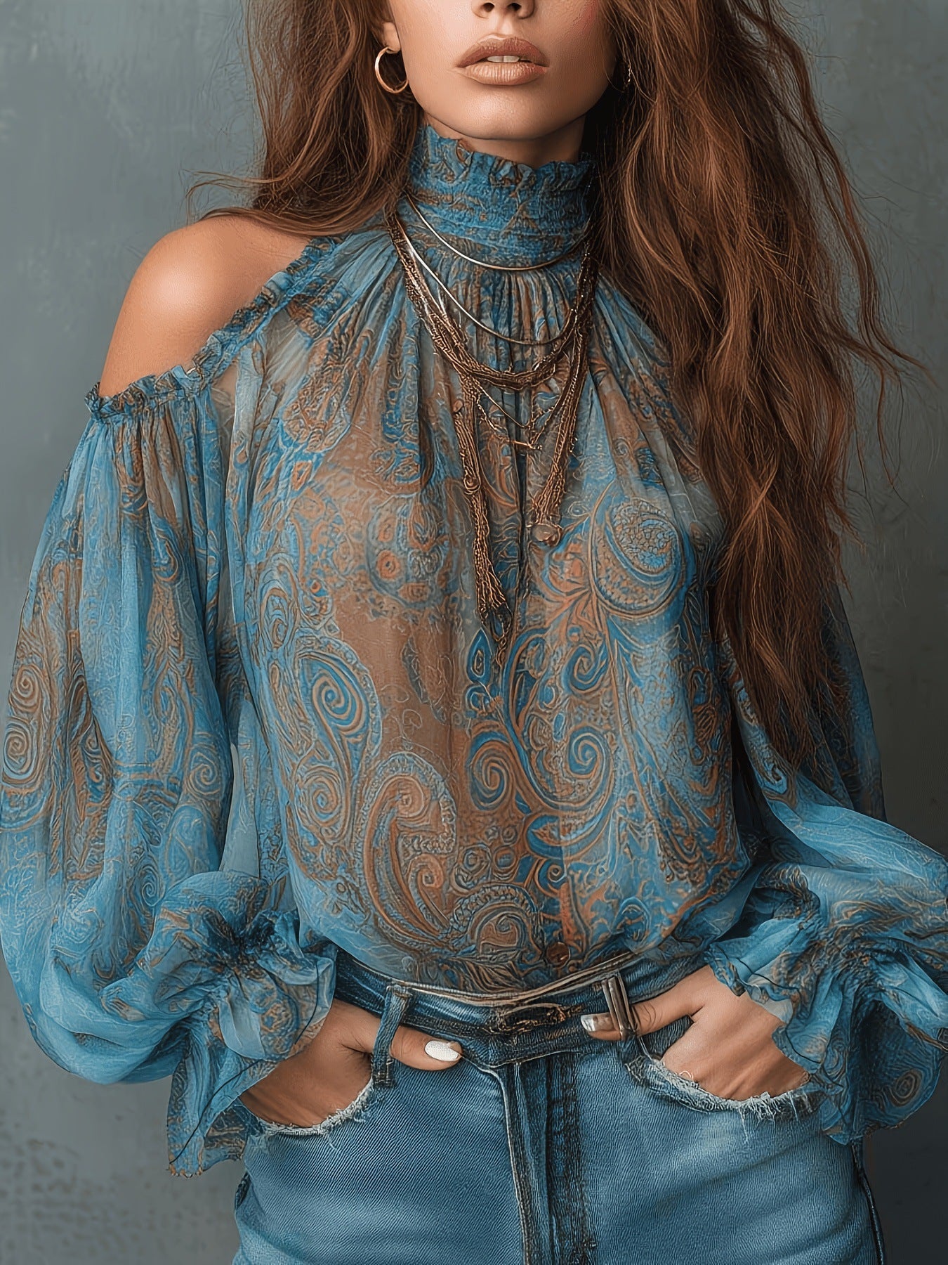 Women's Retro Cashew Print Off-Shoulder Blouse with Lantern Sleeves