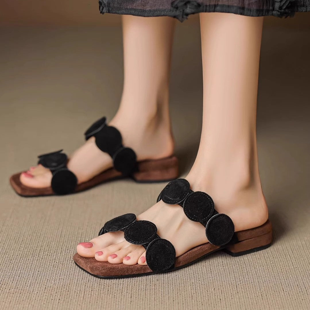 Women's Square Toe Sheepskin Slip-On Slippers – Korean Style Flat Mules